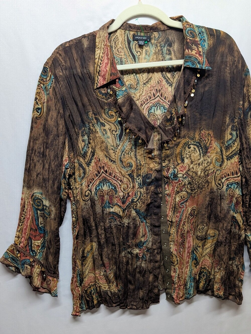 Piano Boho Gypsy Festival Ruffled Button Front Blouse in Brown and Teal